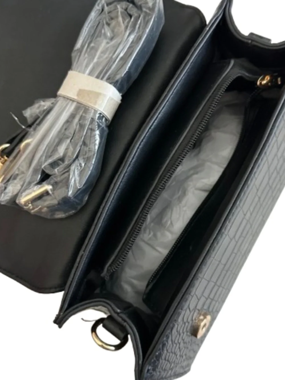 like dreams Small Black Croc-Embossed Top Handle Satchel with Gold Ring & Strap